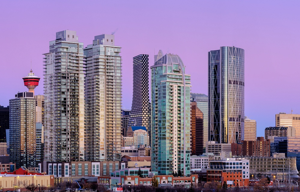 Panoramic View, Downtown Calgary Cityscape with  Pink Sunrise, Halloween, Calgary, 2021