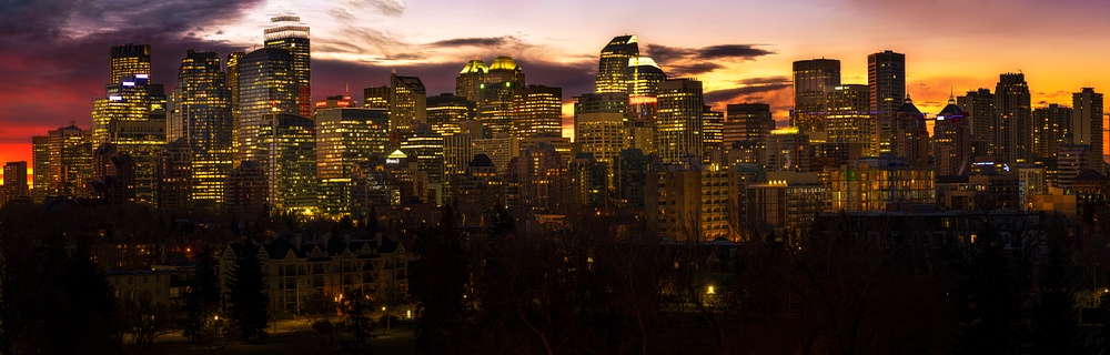 Red Fall Sunrise Over the City of Calgary, Alberta, Canada_