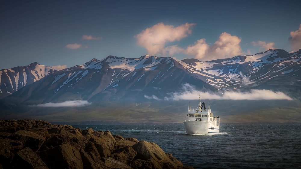 Akureyri-Iceland-Boat-Snow Covered Mountains